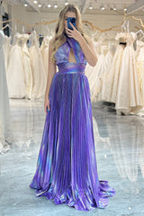 Sparkly Prom Dress A Line Halter Neck Long Evening Dress With Side Slit