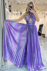 Sparkly Prom Dress A Line Halter Neck Long Evening Dress With Side Slit
