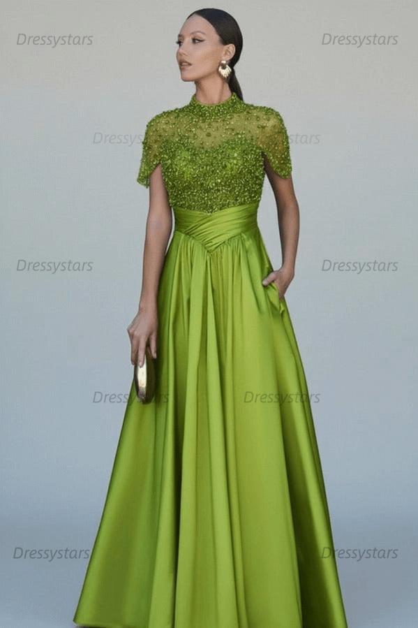 Green A Line Prom Dress Short Sleeve High Neck Formal Dress With Beadings and Rhinestones