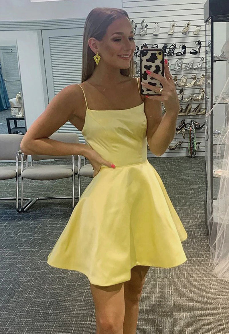 Square Collar Homecoming Dress A Line Sleeveless Satin Short Party Cocktail Dress