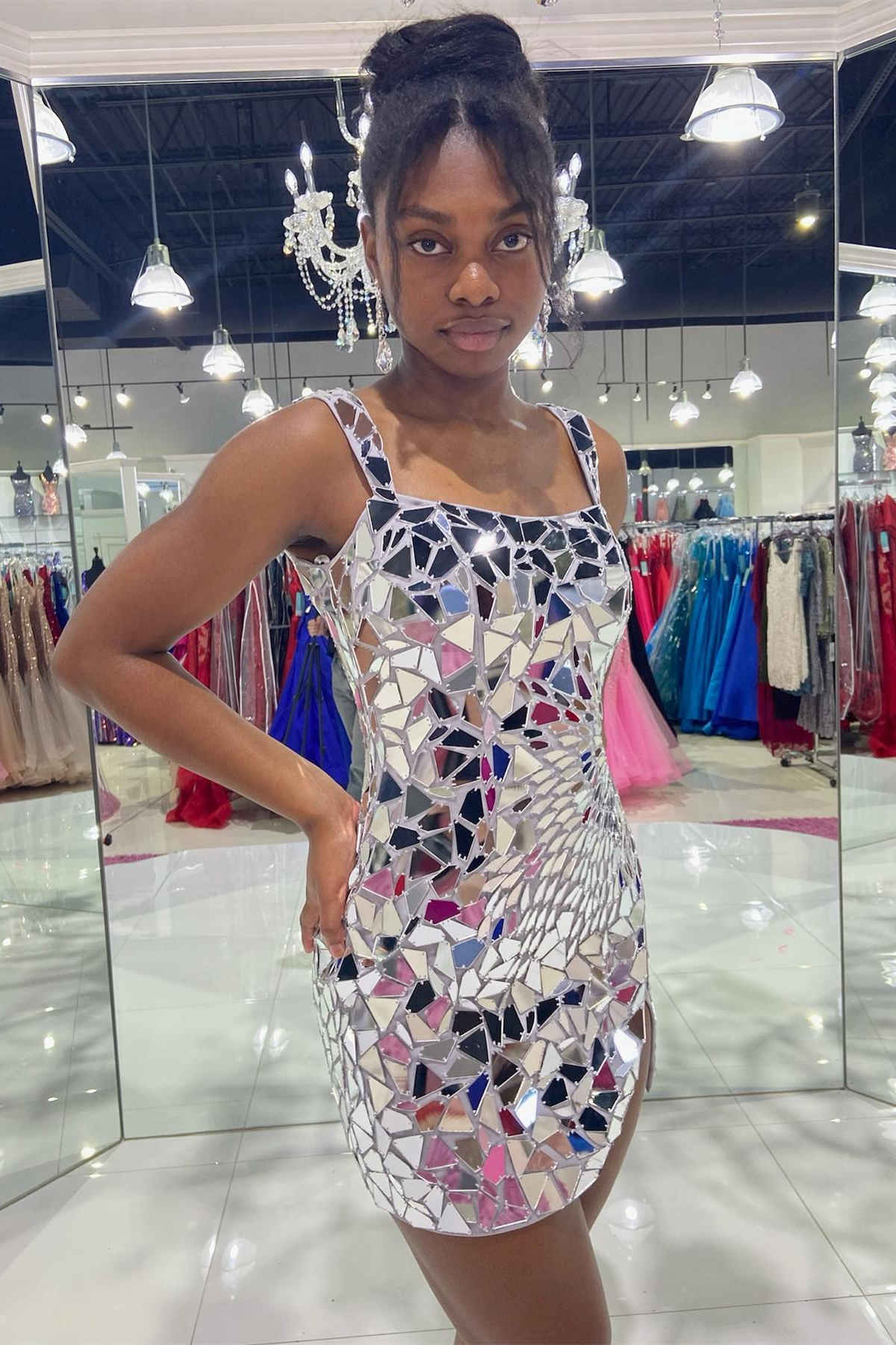 Square Collar Homecoming Dress Silver Cut Mirror Sequin Style Bodycon Short Party Cocktail Dress