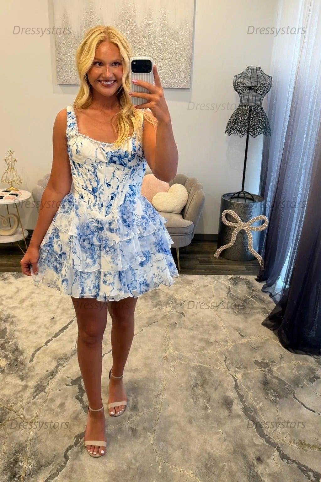 Square Neck Floral Homecoming Dress Blue Chiffon Tiered Corset Party Dress