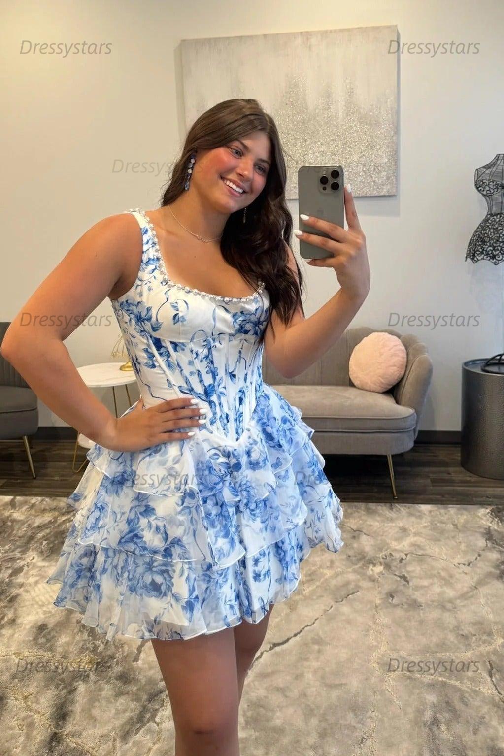 Square Neck Floral Homecoming Dress Blue Chiffon Tiered Corset Party Dress