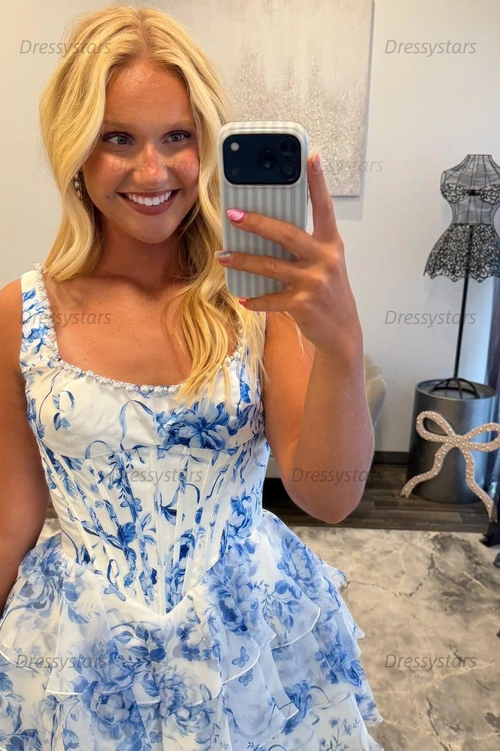 Square Neck Floral Homecoming Dress Blue Chiffon Tiered Corset Party Dress