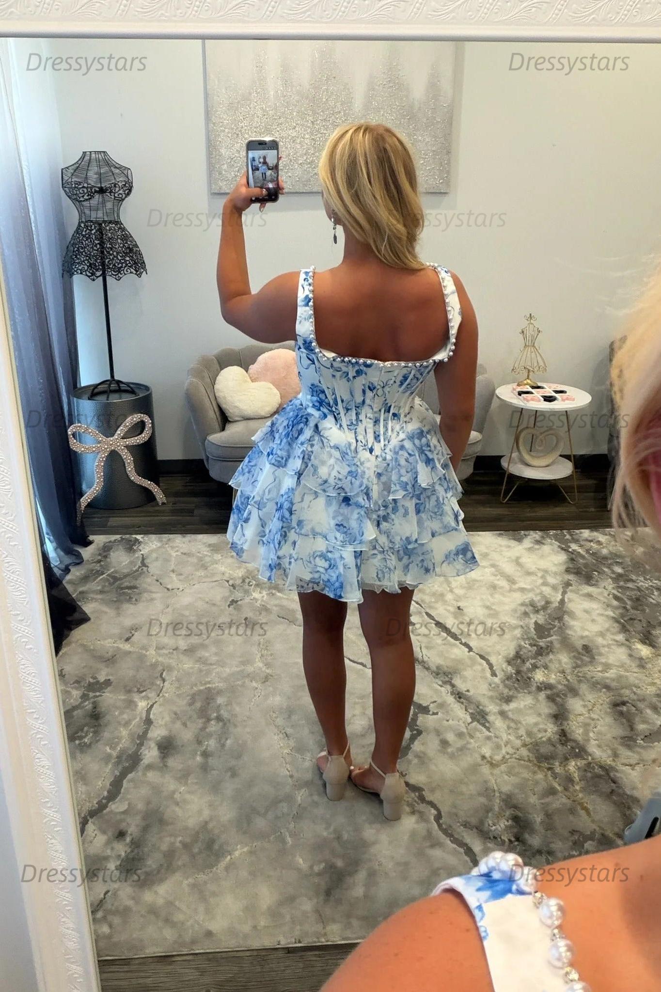 Square Neck Floral Homecoming Dress Blue Chiffon Tiered Corset Party Dress