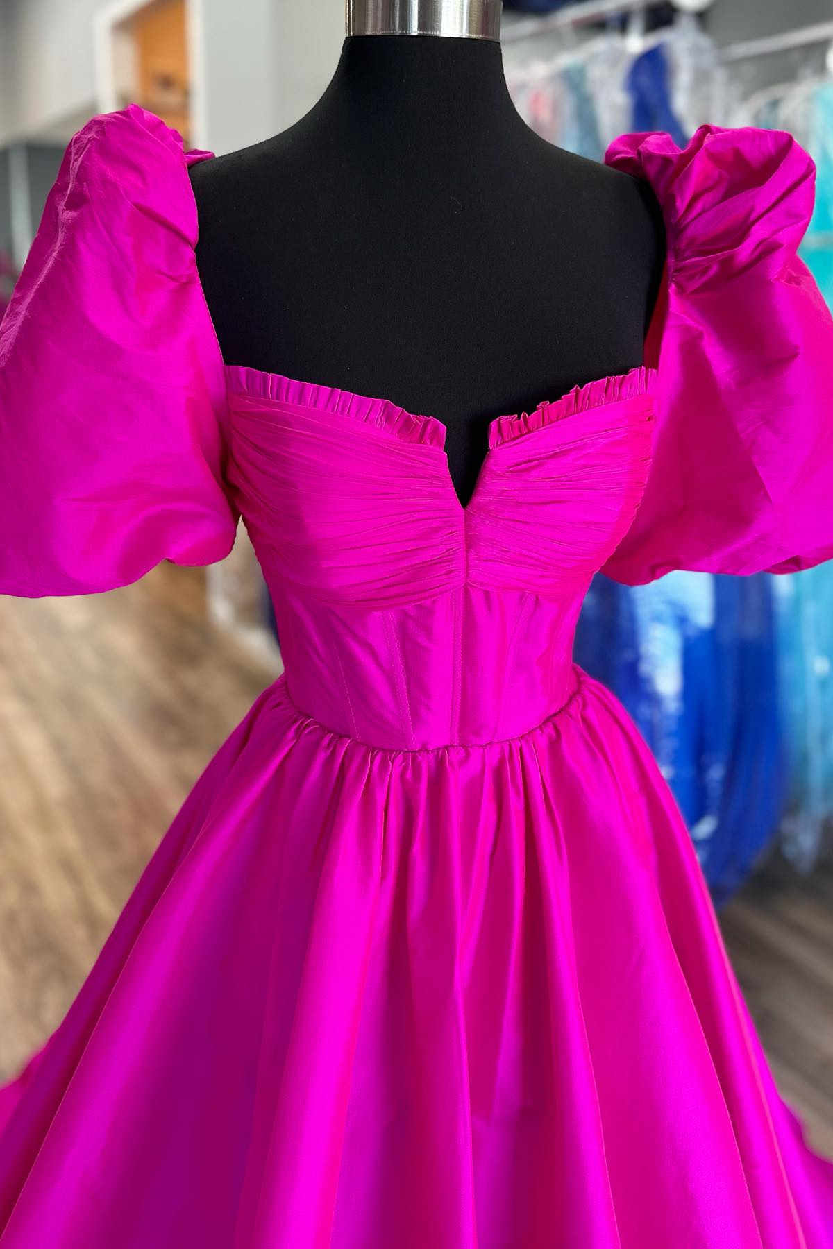 Square Neck Fuchsia Prom Dress Puff Sleeve A Line Evening Dress