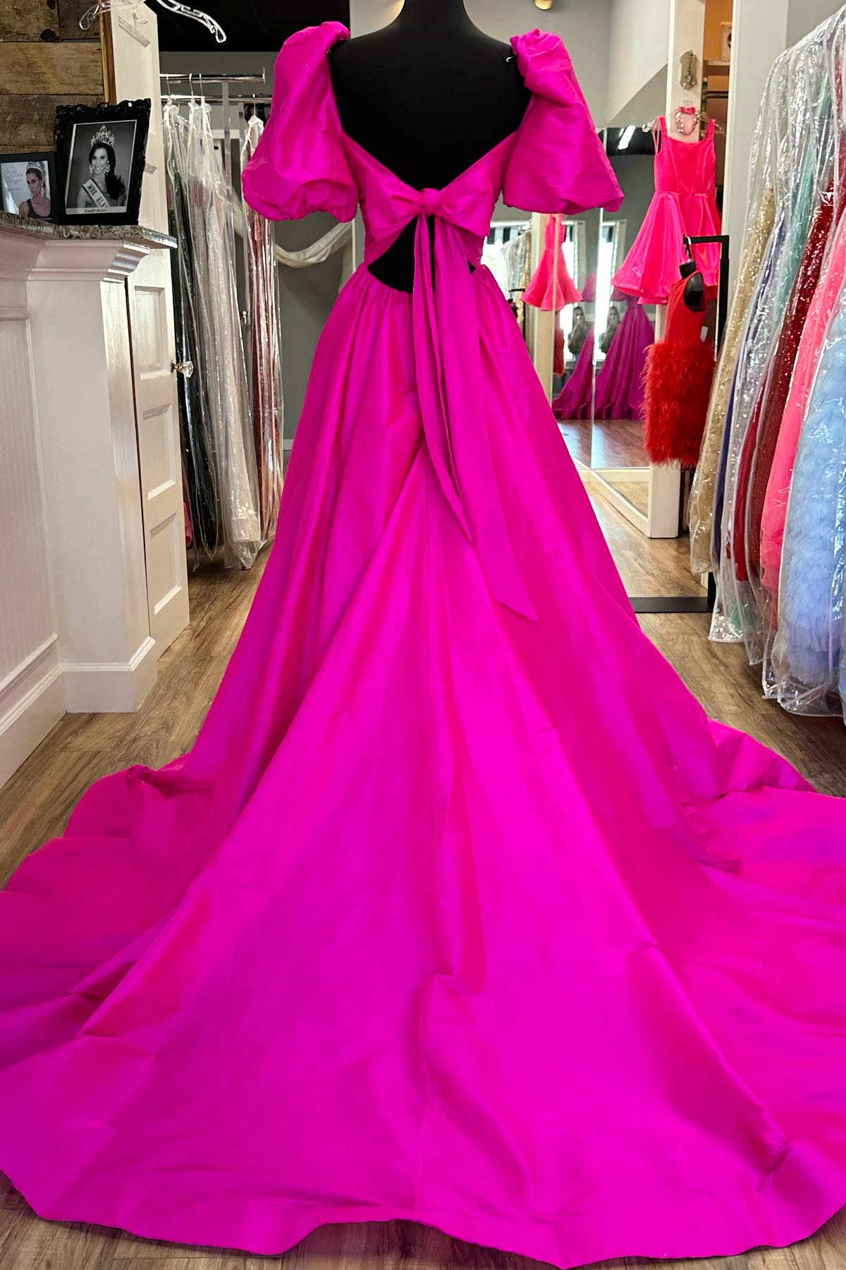 Square Neck Fuchsia Prom Dress Puff Sleeve A Line Evening Dress