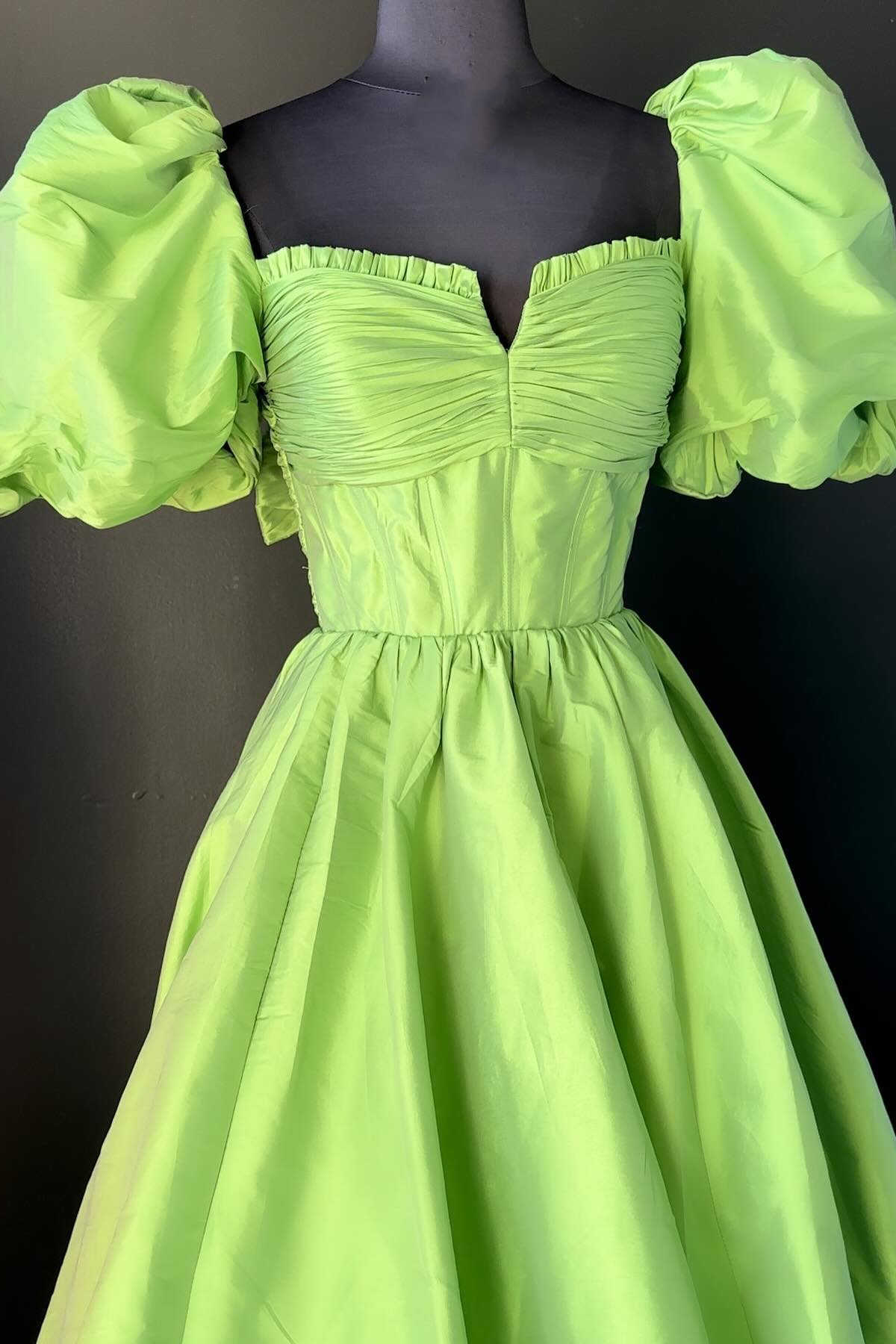 Square Neck Fuchsia Prom Dress Puff Sleeve A Line Evening Dress