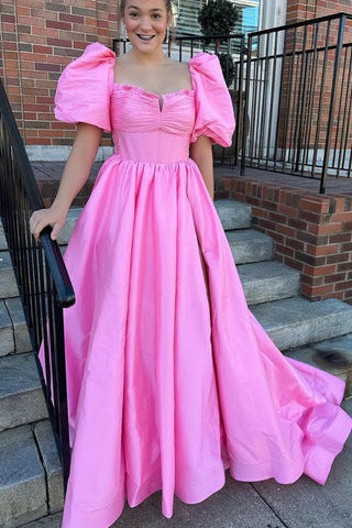 Square Neck Fuchsia Prom Dress Puff Sleeve A Line Evening Dress