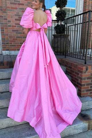 Square Neck Fuchsia Prom Dress Puff Sleeve A Line Evening Dress