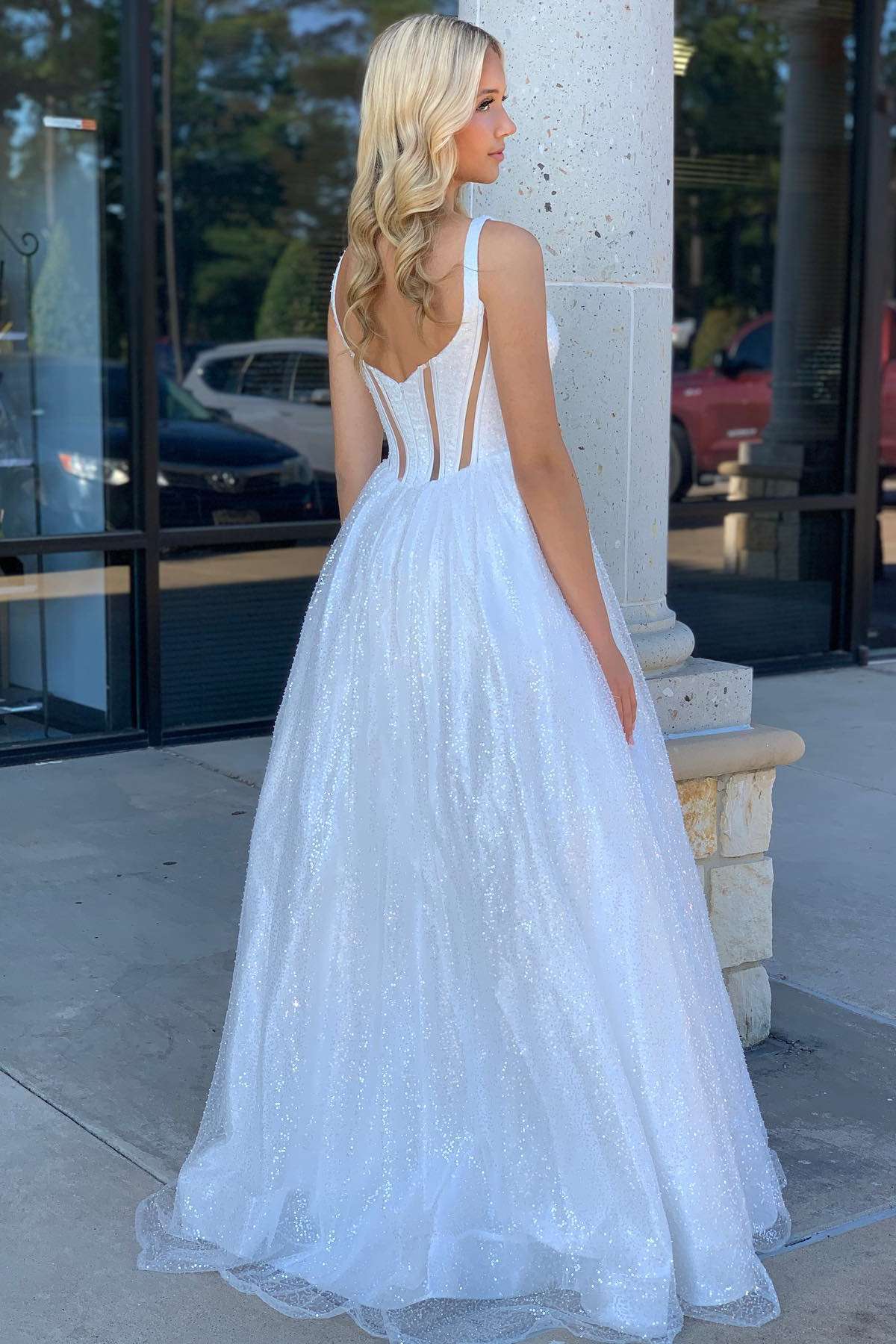 Square Neck Ivory Prom Dress Sequin A Line Evening Dress