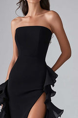 Square Neck Satin Black Wedding Guest Dress Long Formal Dress With Slit