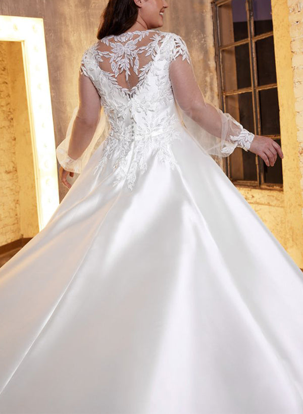Square Neckline A Line Wedding Dress with Long Sleeves in Lace/Satin