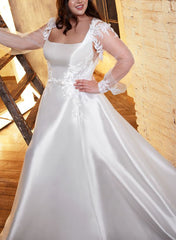 Square Neckline A Line Wedding Dress with Long Sleeves in Lace/Satin