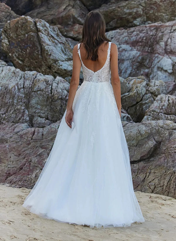 Square Neckline Sleeveless A Line Tulle Wedding Dress With Appliques Lace