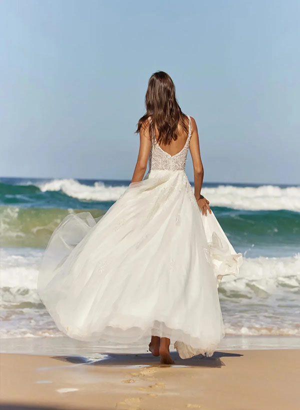 Square Neckline Sleeveless A Line Tulle Wedding Dress With Appliques Lace