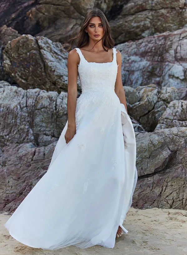 Square Neckline Sleeveless A Line Tulle Wedding Dress With Appliques Lace