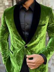 Standard Fit Single-Breasted Velvet Blazer In Green With One Button