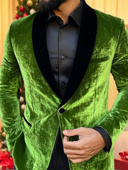 Standard Fit Single-Breasted Velvet Blazer In Green With One Button