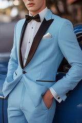 Standard Fit Sky Blue One-Button Single Breasted Suit For Men's Beach Weddings And Prom