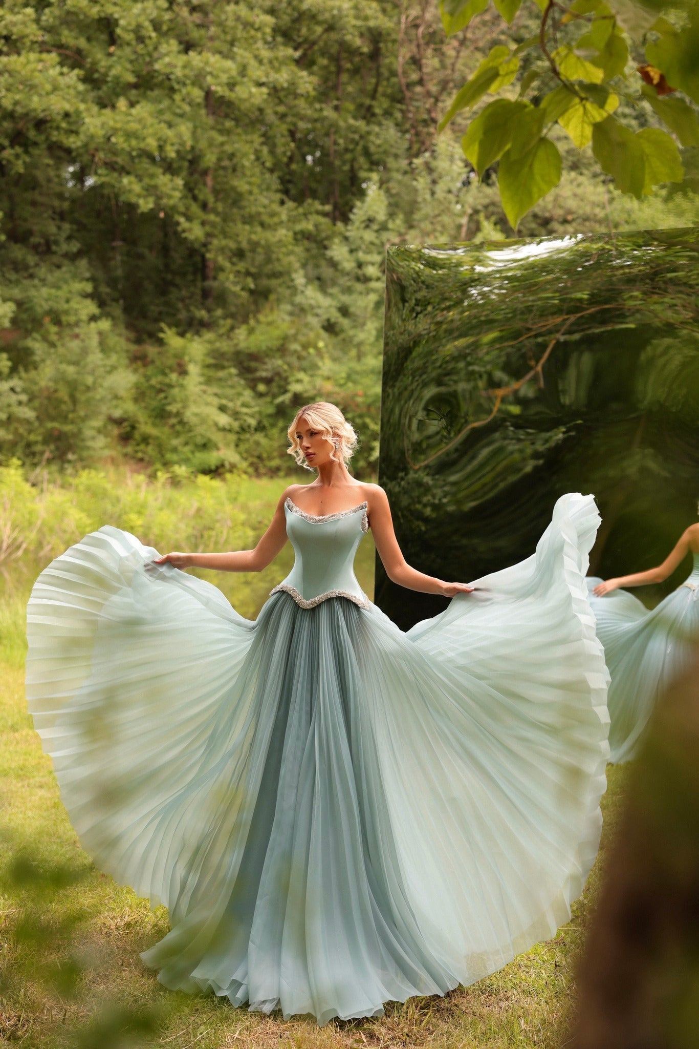 Strapless A Line Formal Dress Beaded Green Corset Prom Dress