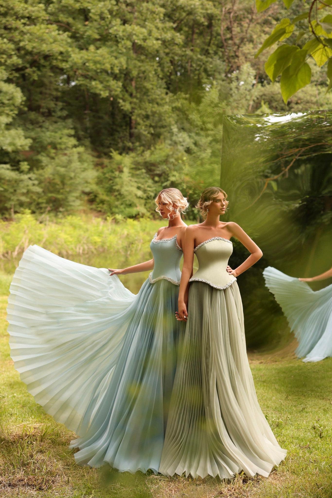 Strapless A Line Formal Dress Beaded Green Corset Prom Dress