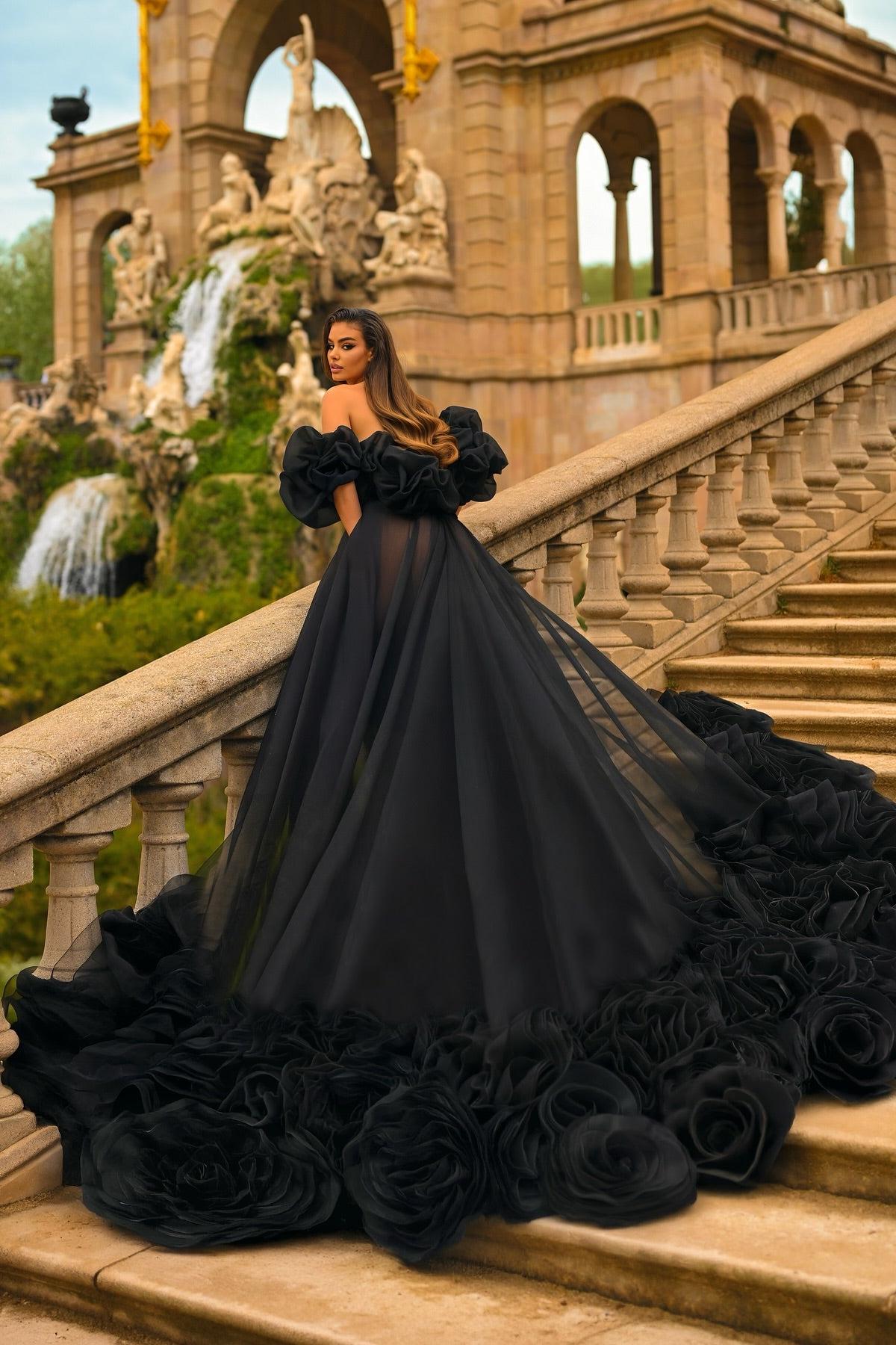 Strapless A Line Formal Dress Tulle Organza Prom Dress with 3D Flowers