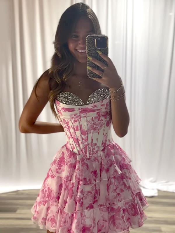 Strapless A-Line Sweetheart Empire Beaded Floral Homecoming Dress