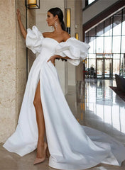 Strapless Ball Gown Wedding Dress With Short Sleeves Satin Court Train and Split Front
