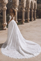 Strapless Beach Wedding Dress Corset Lace Appliques Bridal Gown with Detachable Train