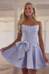 Dressystars Strapless Beaded Homecoming Dress A Line Sleeveless Short Party Dress with Bowknot