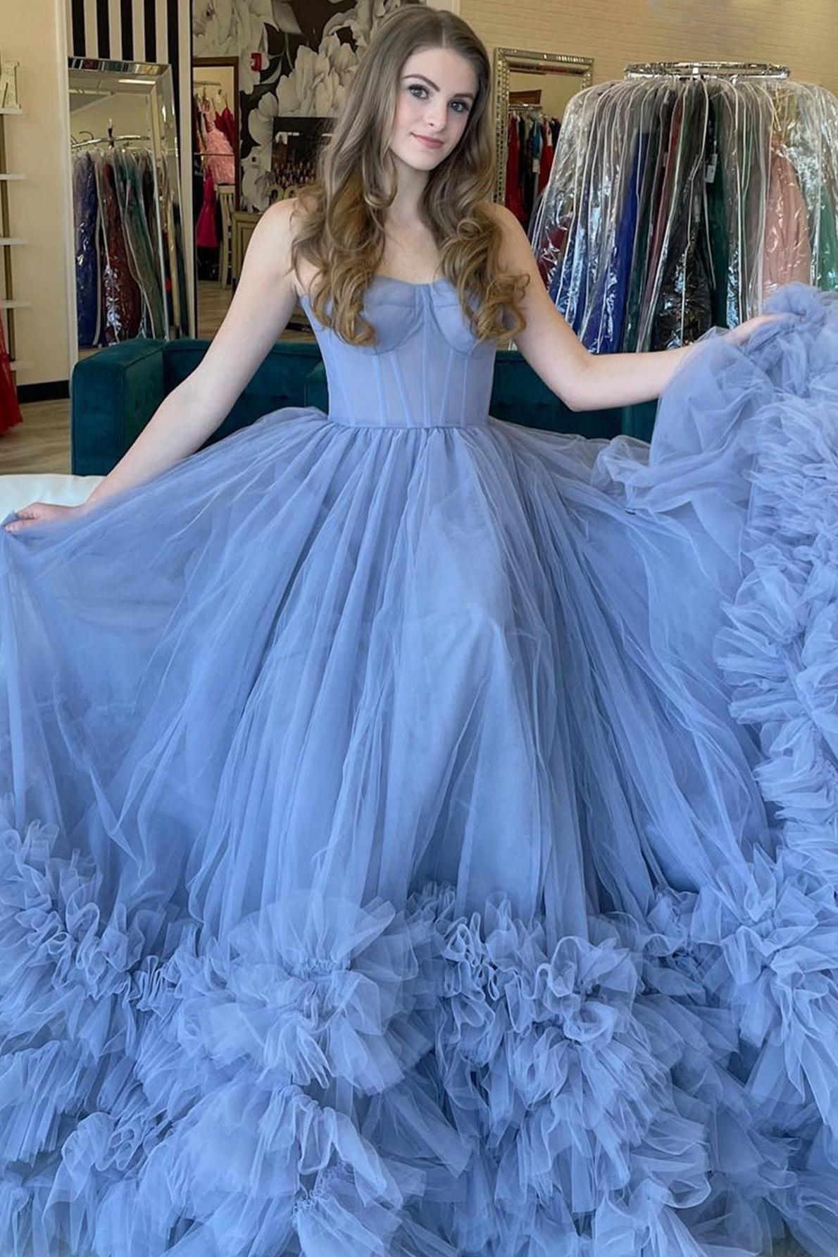 Strapless Blue Prom Dress A Line Tiered Long Evening Dress