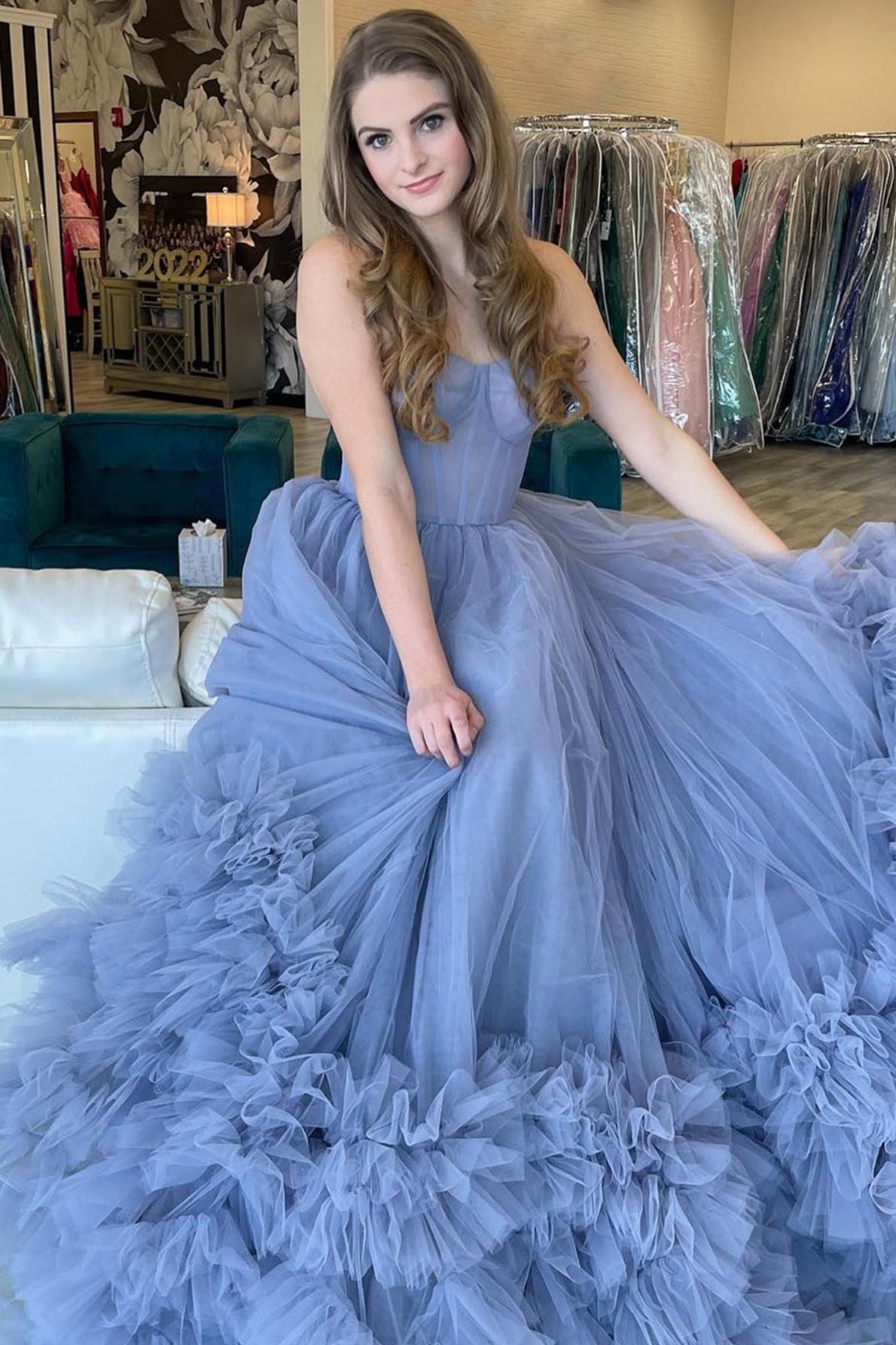 Strapless Blue Prom Dress A Line Tiered Long Evening Dress