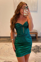 Strapless Dark Green Homecoming Dress Corset Tight Short Prom Dress