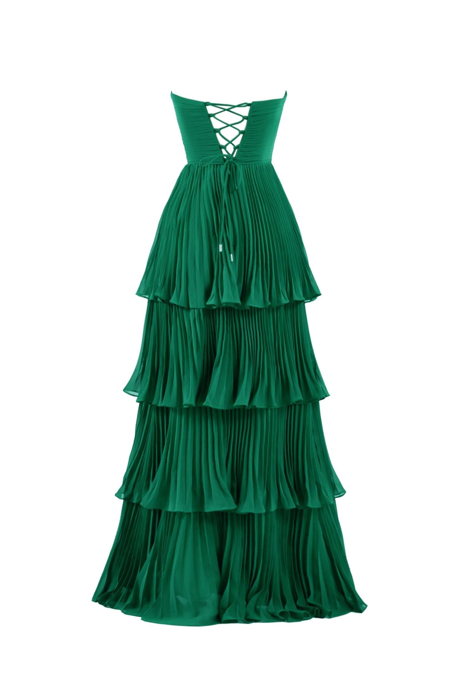 Strapless Emerald Green Prom Dress Ruffle Tiered Long Evening Dress