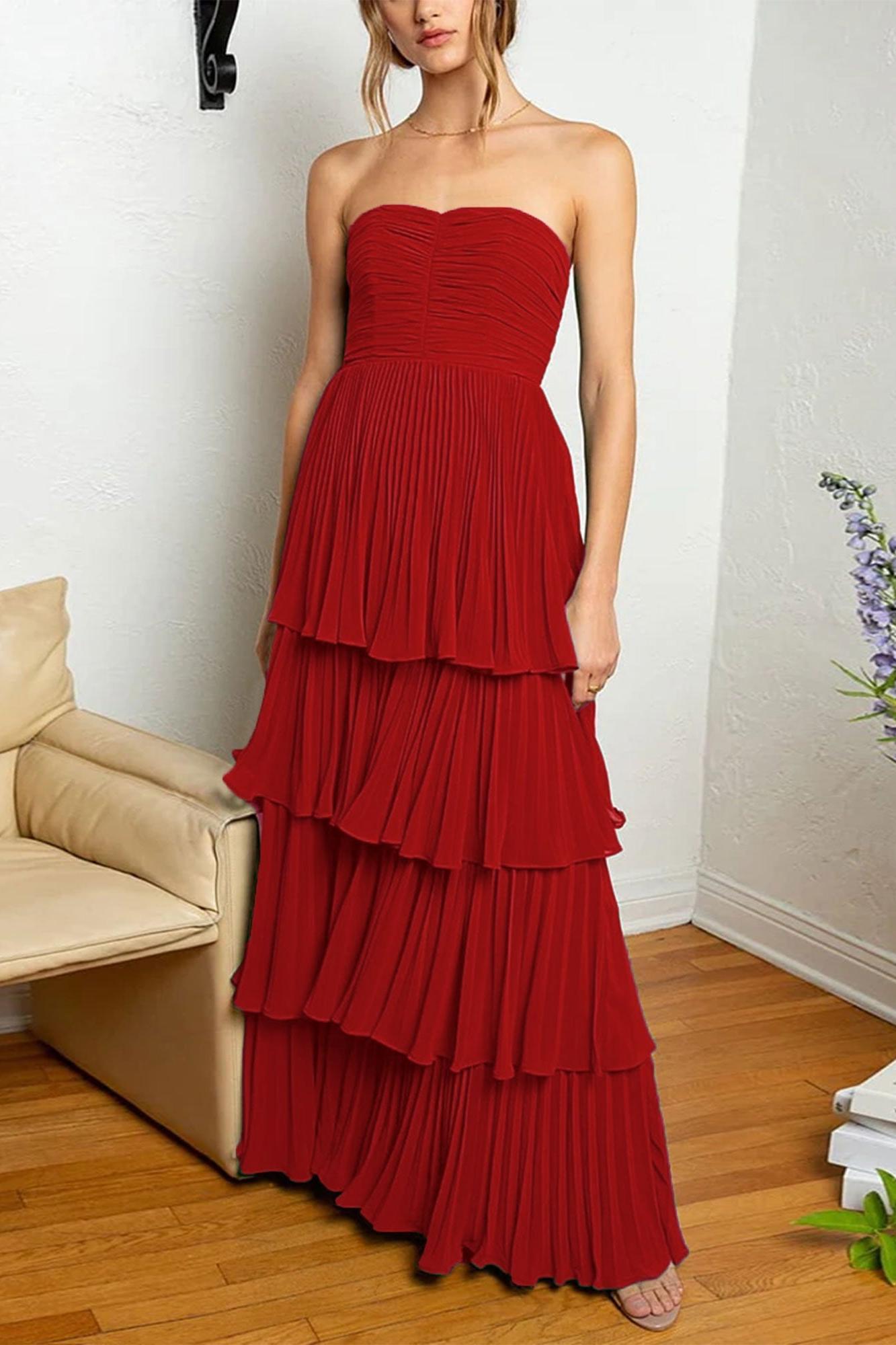 Strapless Emerald Green Prom Dress Ruffle Tiered Long Evening Dress