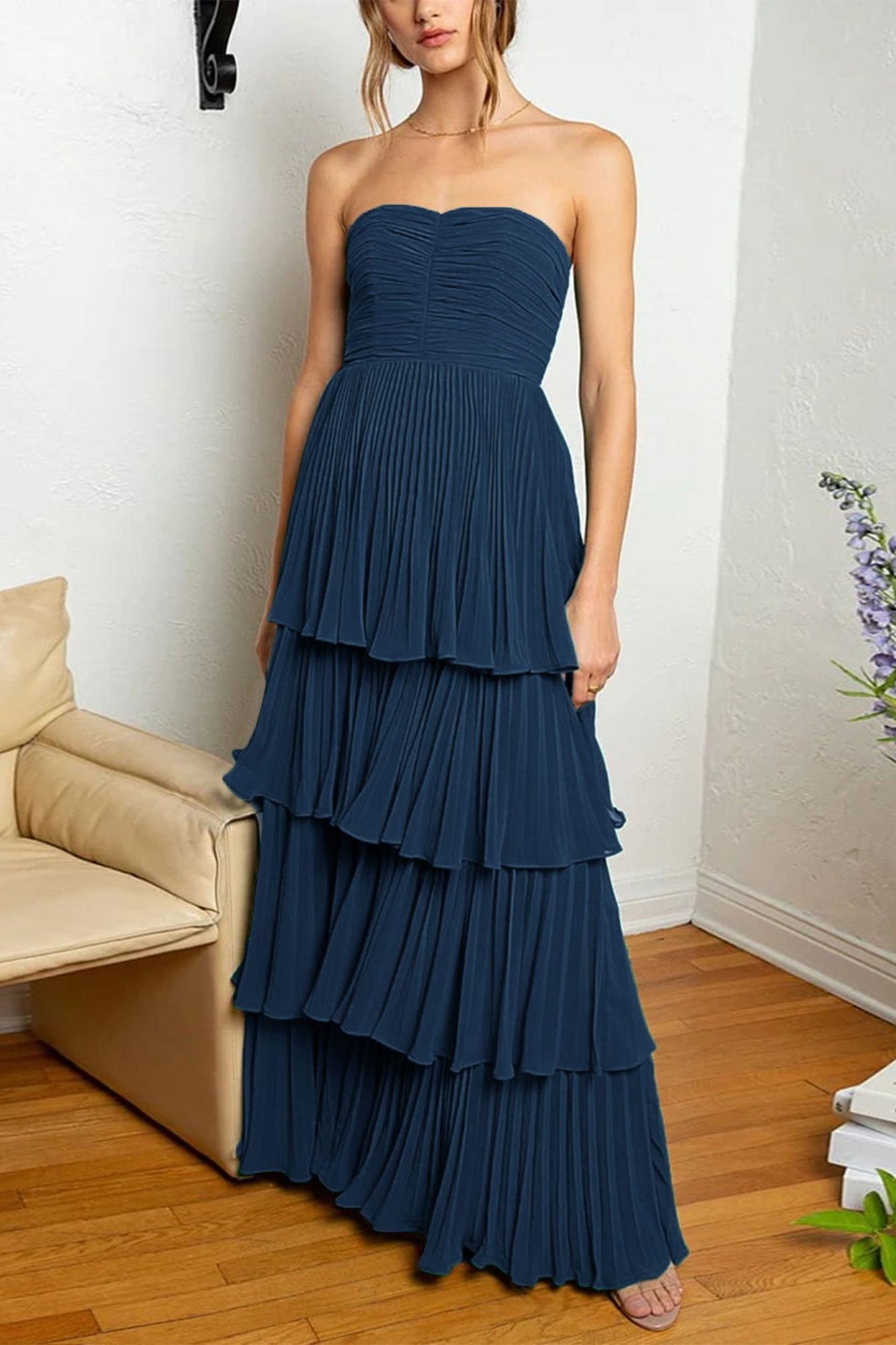 Strapless Emerald Green Prom Dress Ruffle Tiered Long Evening Dress