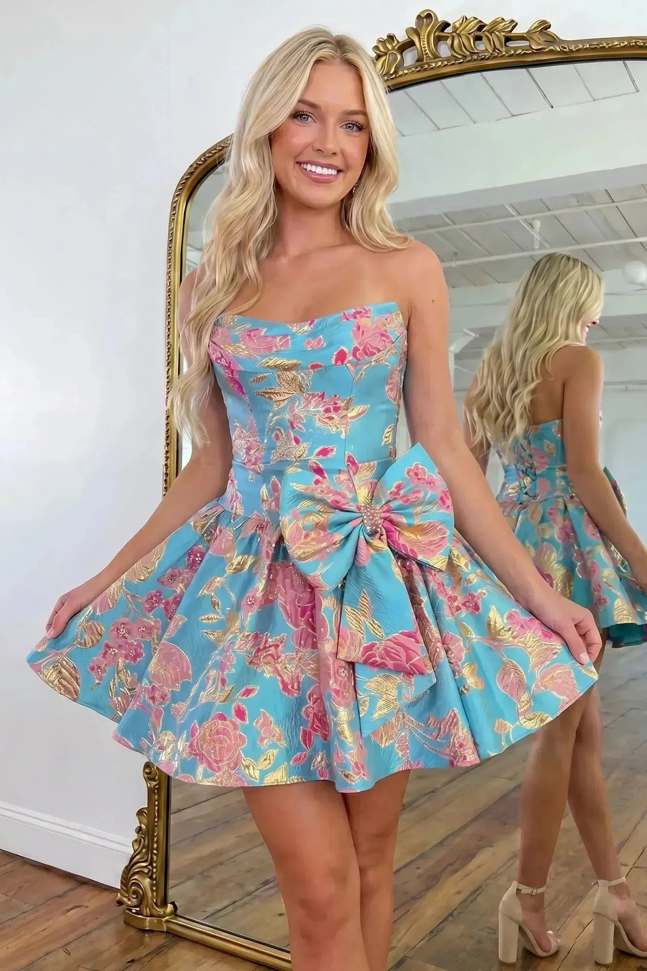 Strapless Floral Gold Jacquard A-Line Short Dress with Statement Bow Homecoming Dresses