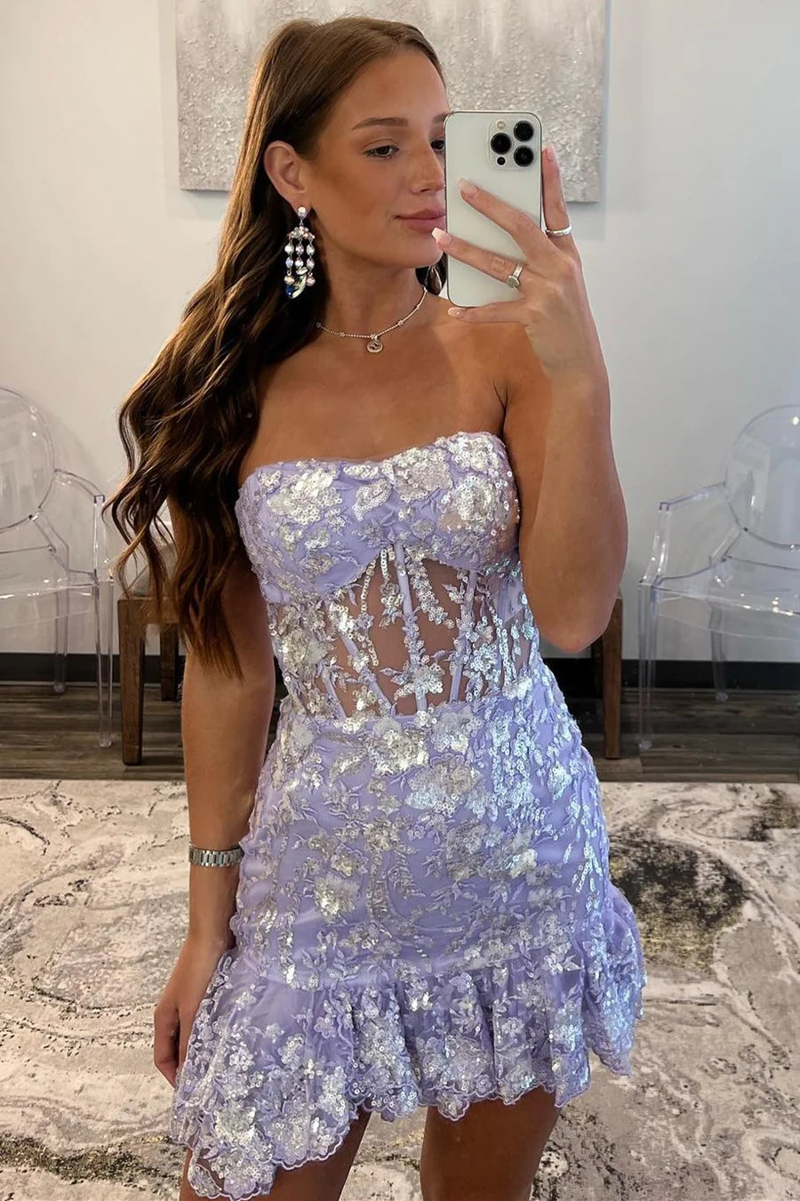 Strapless Homecoming Dress Lavender Sequin Style Bodycon Fitting Mini with ruffle Short Party Cocktail Dress