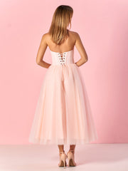 Strapless Homecoming Dress Puffy Midi Tulle MaterialShort Party Cocktail Dress