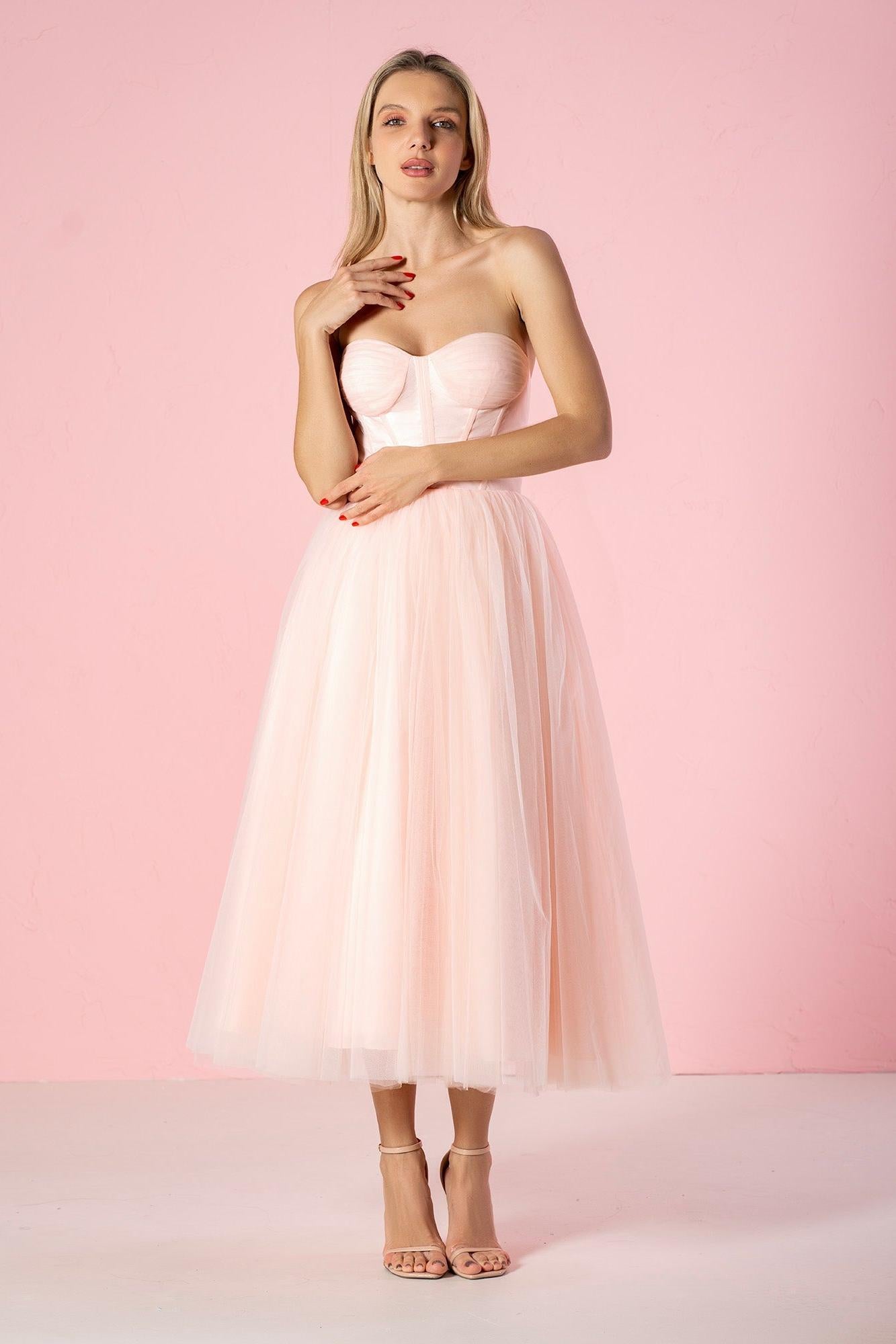Strapless Homecoming Dress Puffy Midi Tulle MaterialShort Party Cocktail Dress