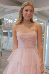 Strapless Light Pink Prom Dress Sequin Beaded Ruffle Tulle Evening Dress