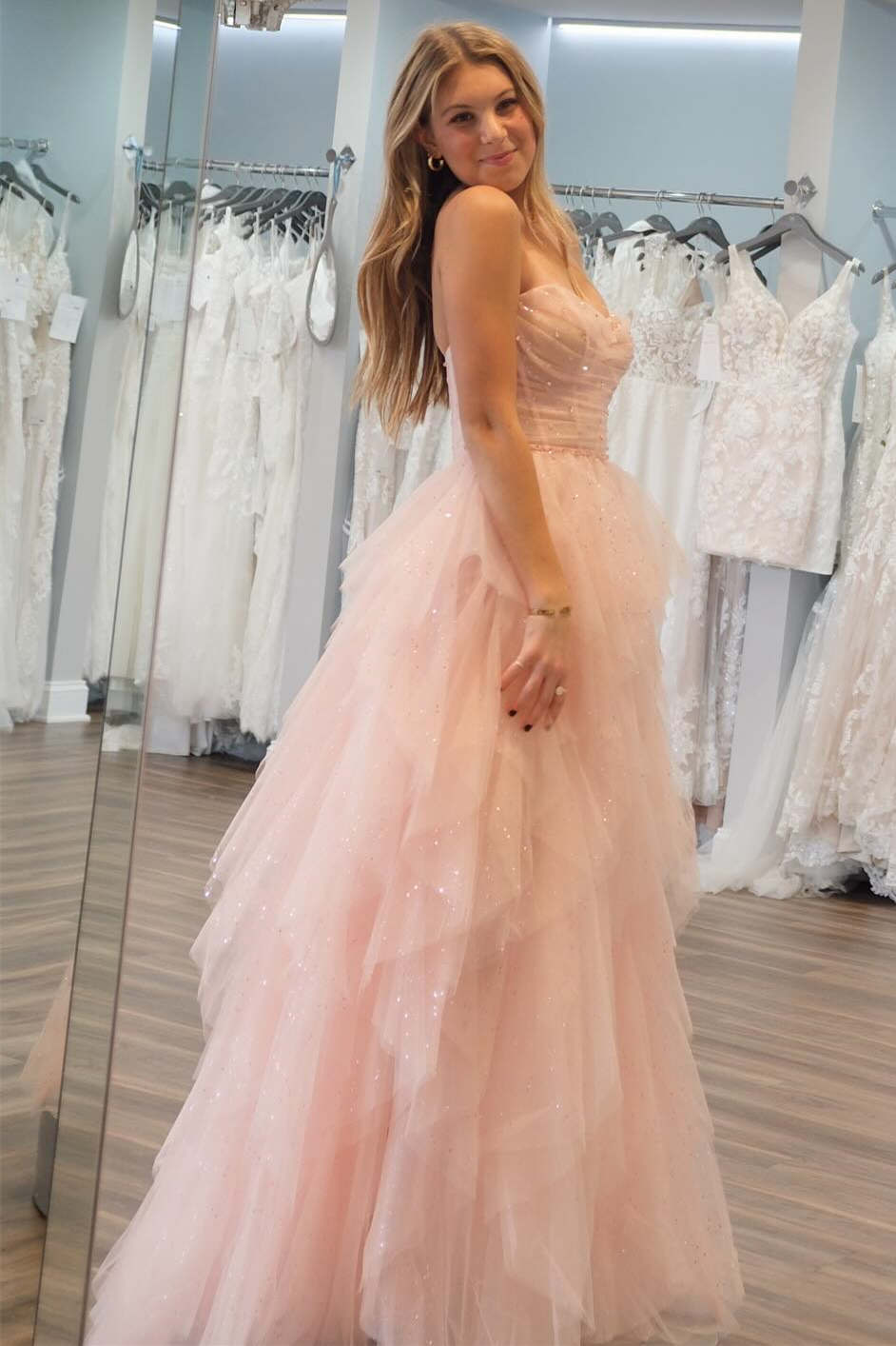 Strapless Light Pink Prom Dress Sequin Beaded Ruffle Tulle Evening Dress