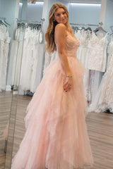 Strapless Light Pink Prom Dress Sequin Beaded Ruffle Tulle Evening Dress
