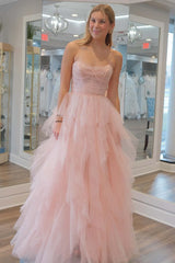 Strapless Light Pink Prom Dress Sequin Beaded Ruffle Tulle Evening Dress