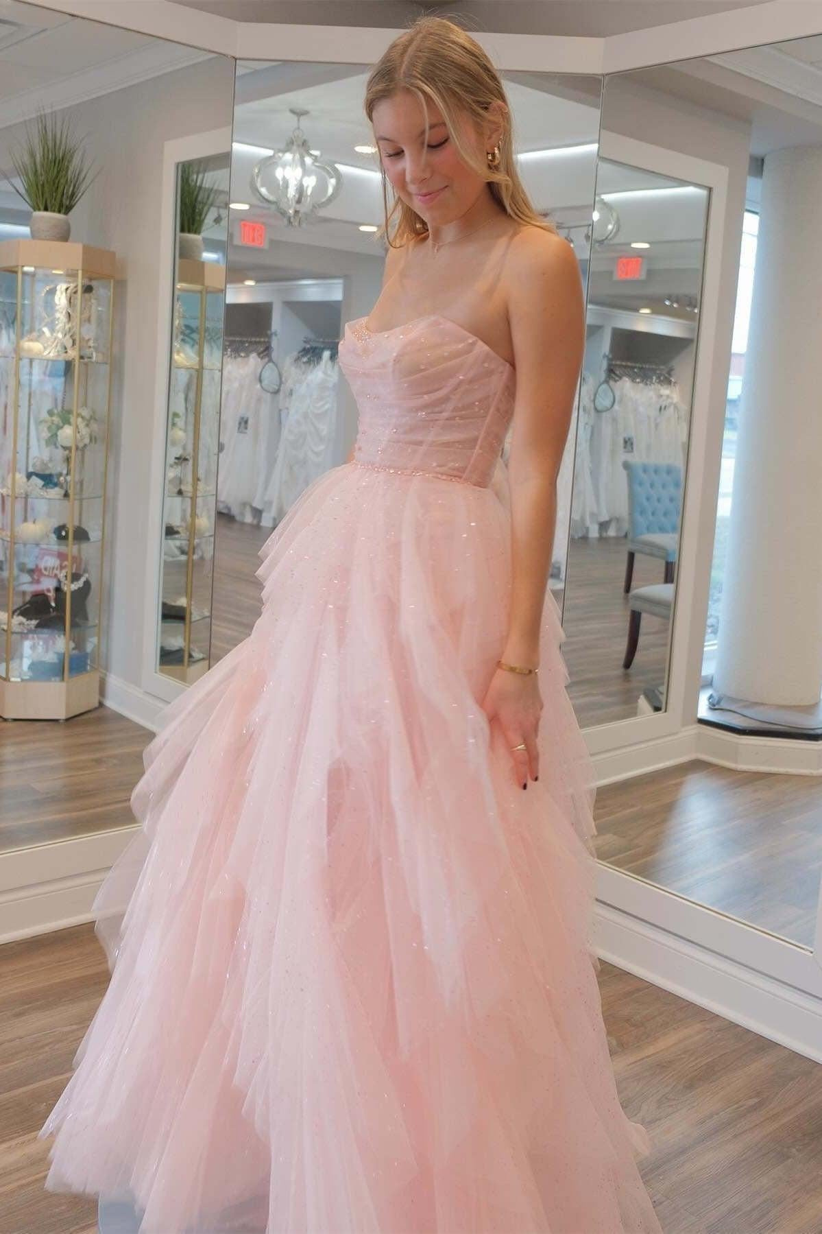 Strapless Light Pink Prom Dress Sequin Beaded Ruffle Tulle Evening Dress