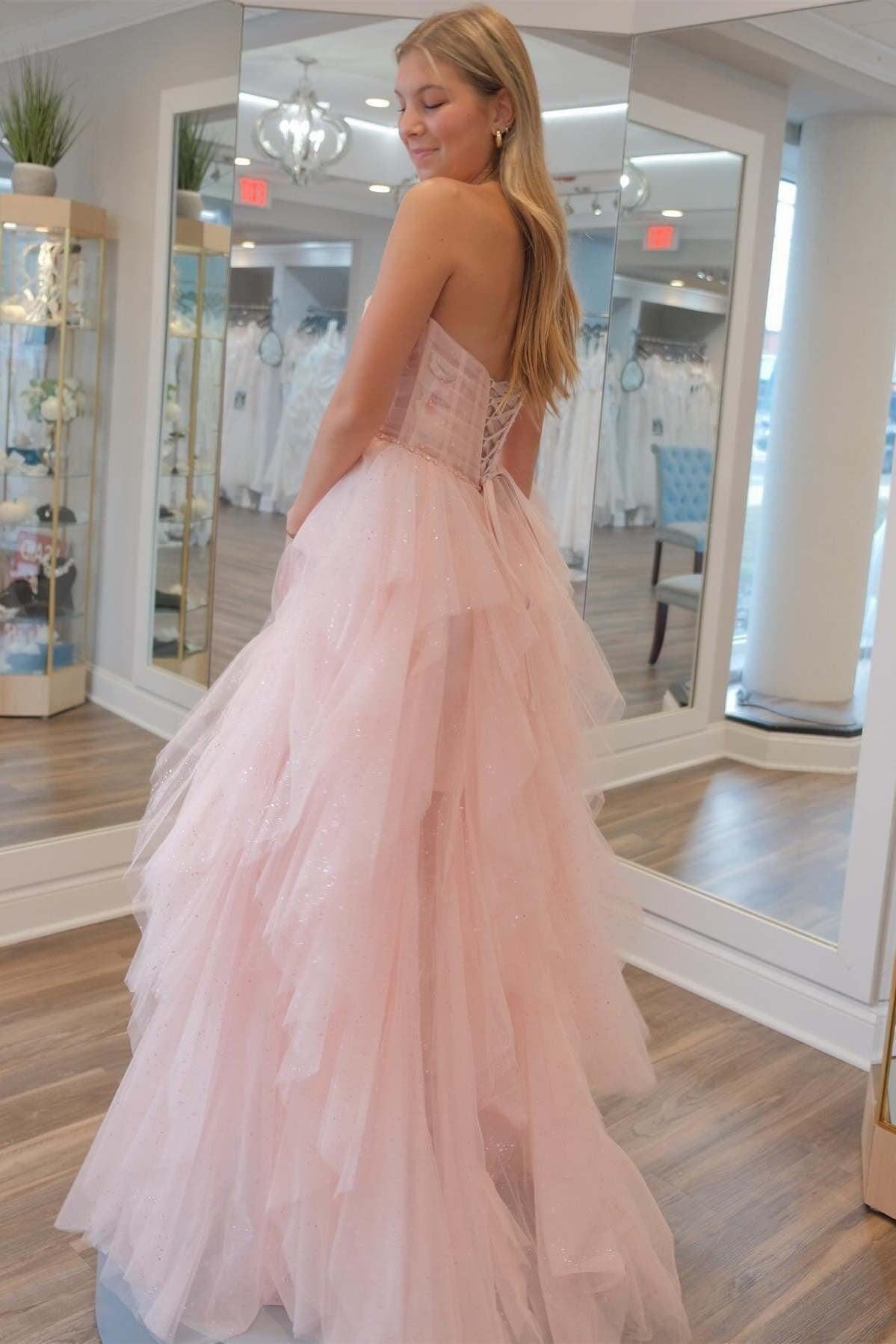 Strapless Light Pink Prom Dress Sequin Beaded Ruffle Tulle Evening Dress