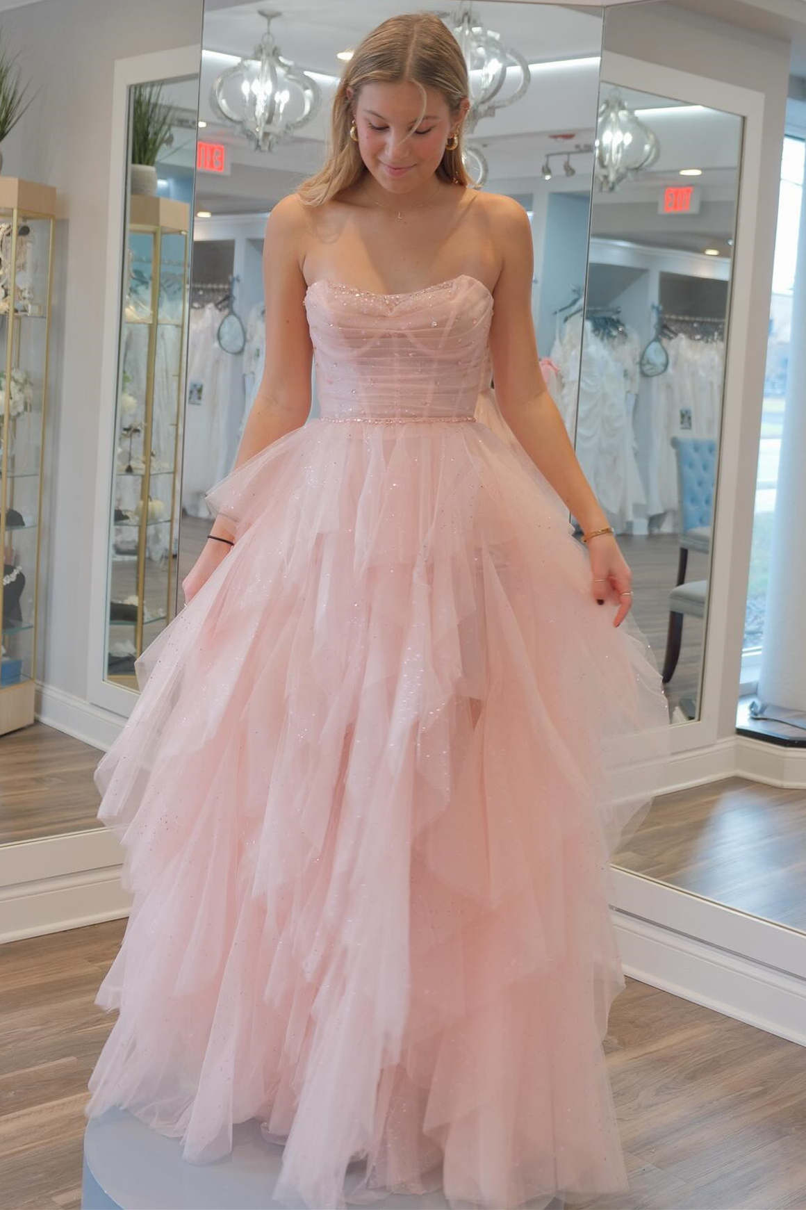 Strapless Light Pink Prom Dress Sequin Beaded Ruffle Tulle Evening Dress