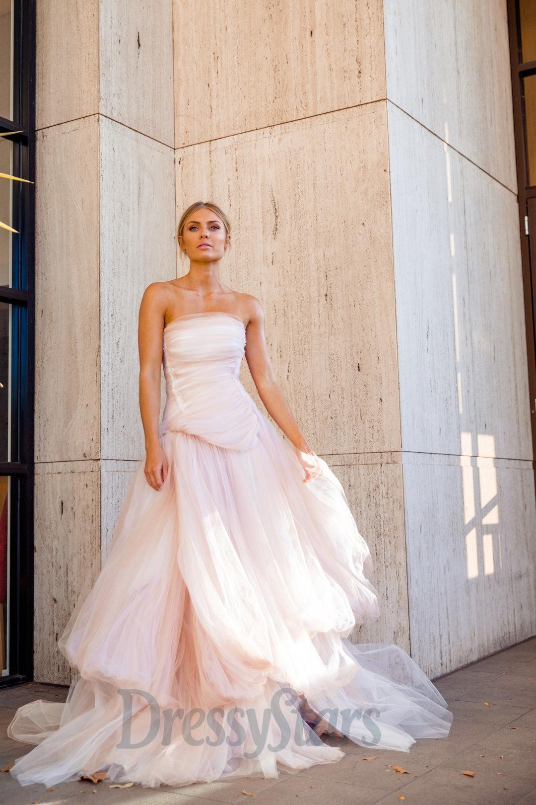 Strapless Light Pink Prom Dress Tulle Long Formal Dress A Line Evening Dress