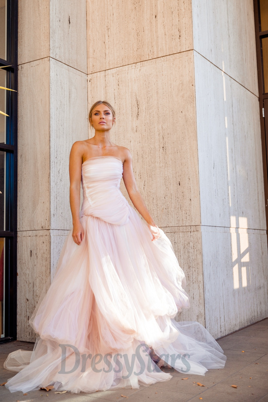 Strapless Light Pink Prom Dress Tulle Long Formal Dress A Line Evening Dress